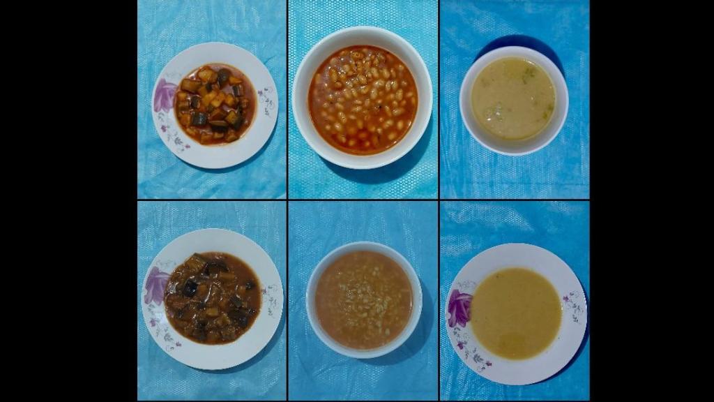 Berenjenas con patatas; judías blancas; sopa de lentejas con pimiento verde; berenjena; bulgur y sopa de lentejas.
