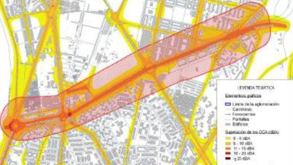 Mapa de los niveles de ruido en la Ronda Urbana Norte.