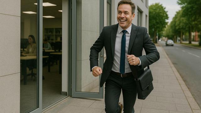 Un trabajador entusiasmado tras terminar su jornada laboral.