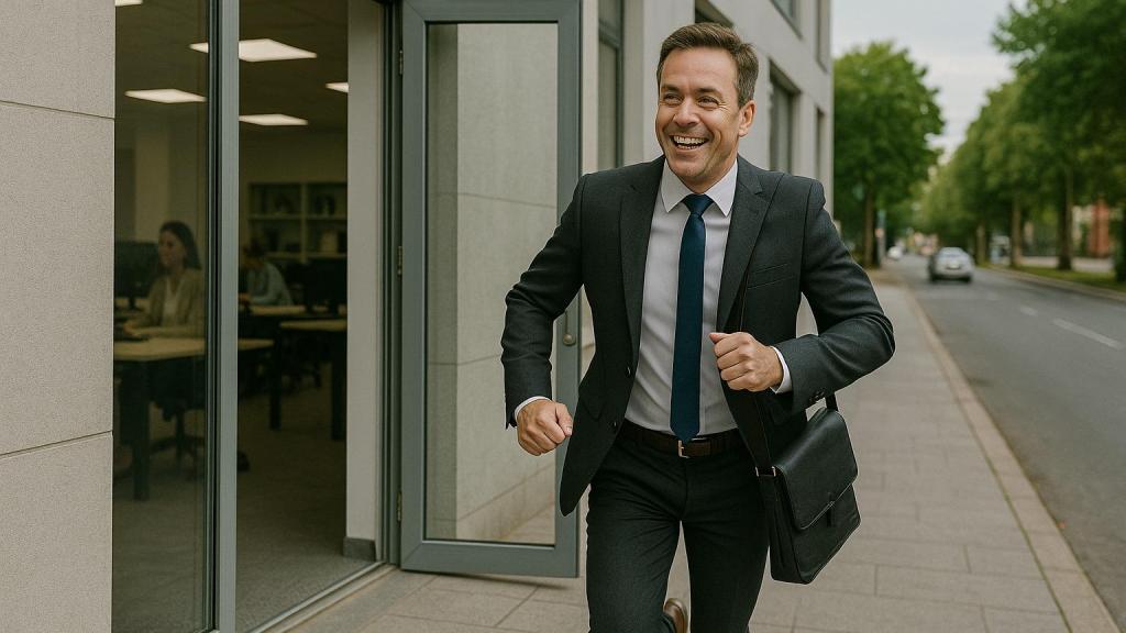 Un trabajador entusiasmado tras terminar su jornada laboral.