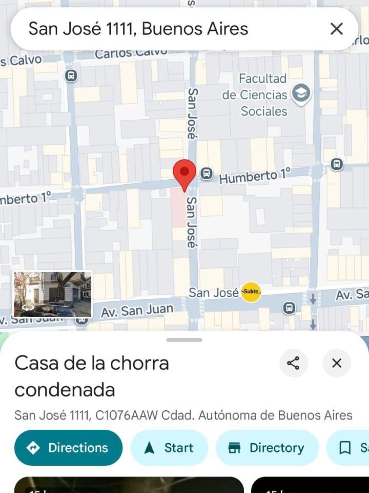 Imagen de Google Maps con el nombre de la dirección de Cristina Fernández modificada.