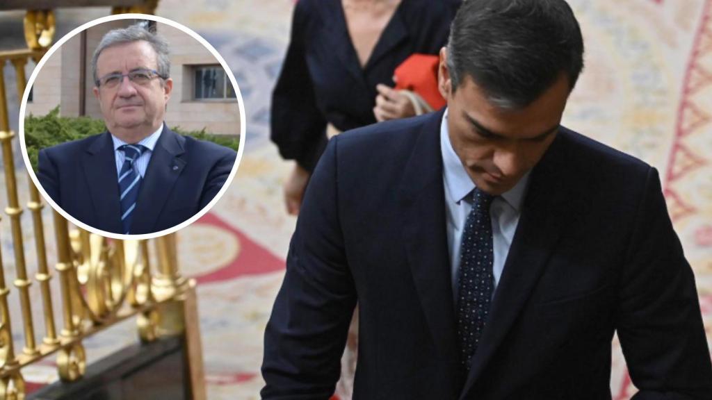 El catedrático Juan José Rubio junto a una imagen de Pedro Sánchez en el Congreso.