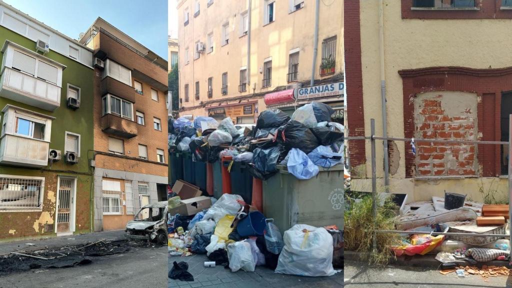 Varias zonas del barrio de San Diego con basura amontonada y restos de un incendio.
