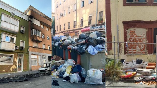 Varias zonas del barrio de San Diego con basura amontonada y restos de un incendio.