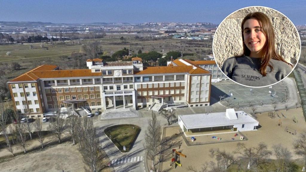 Colegio Ave María de Valladolid junto a una imagen de la alumna Sara Rodríguez