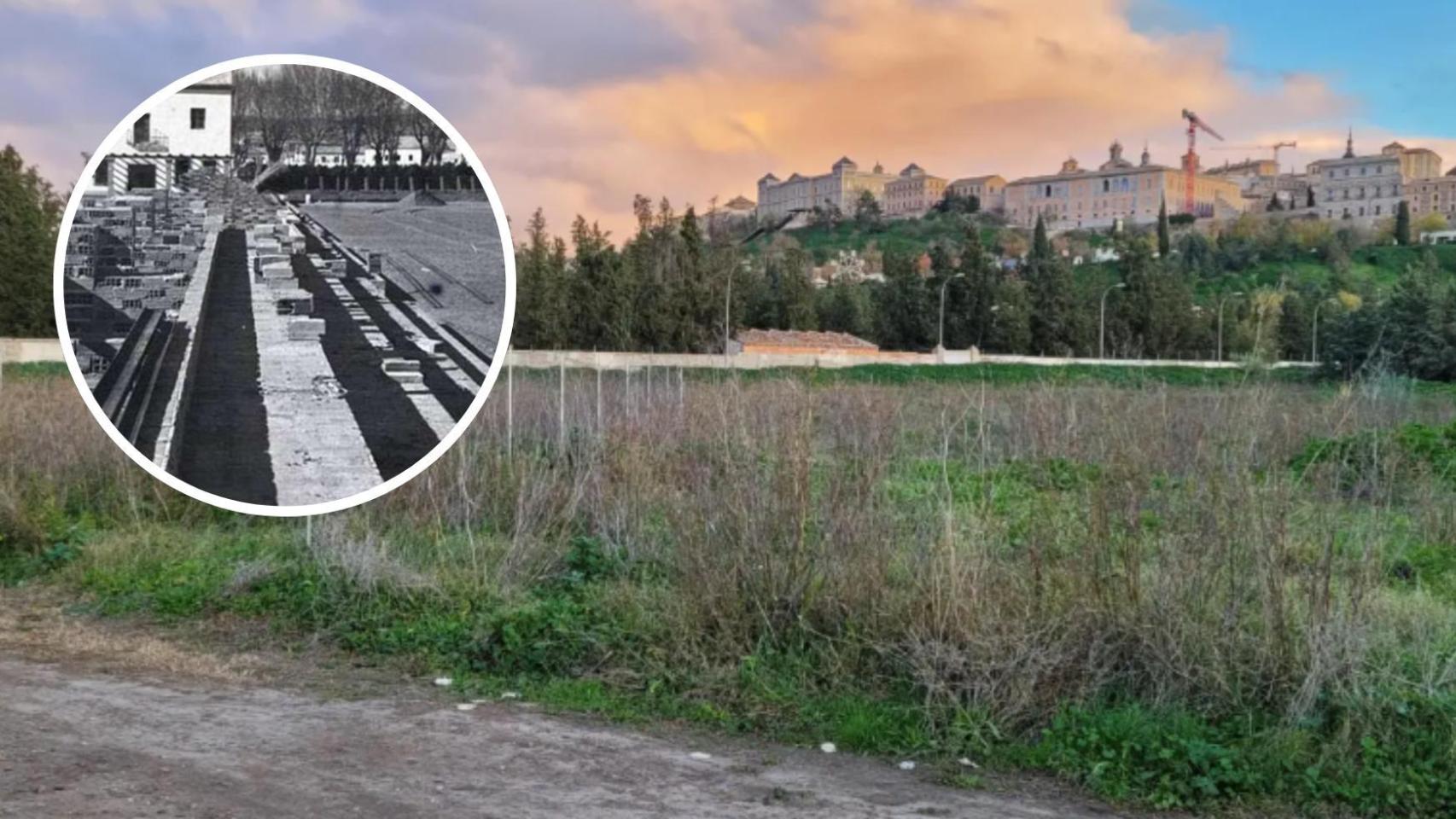 La parcela de la Vega Baja donde se construirá el nuevo Carlos III y una imagen de su construcción original.