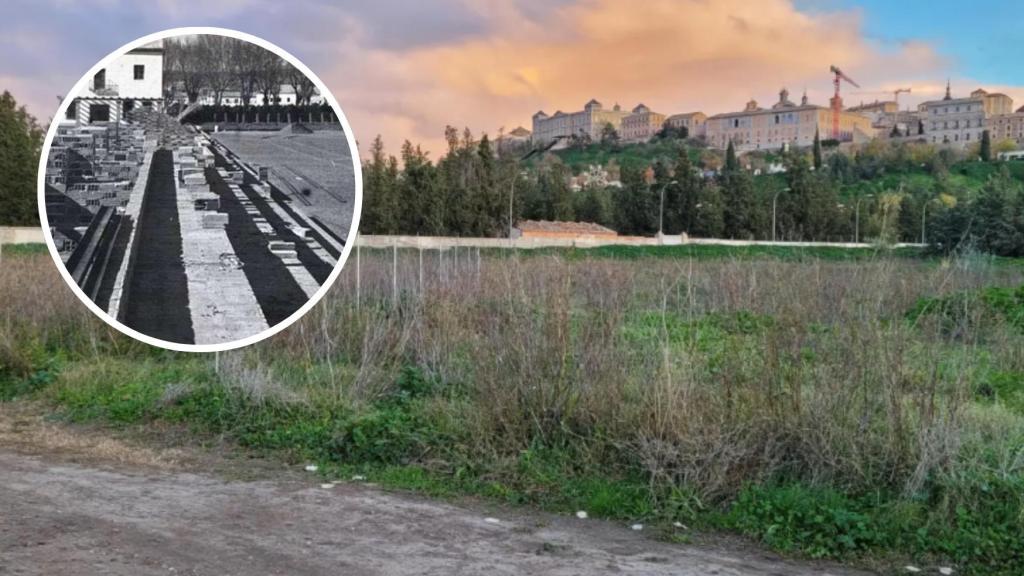 La parcela de la Vega Baja donde se construirá el nuevo Carlos III y una imagen de su construcción original.