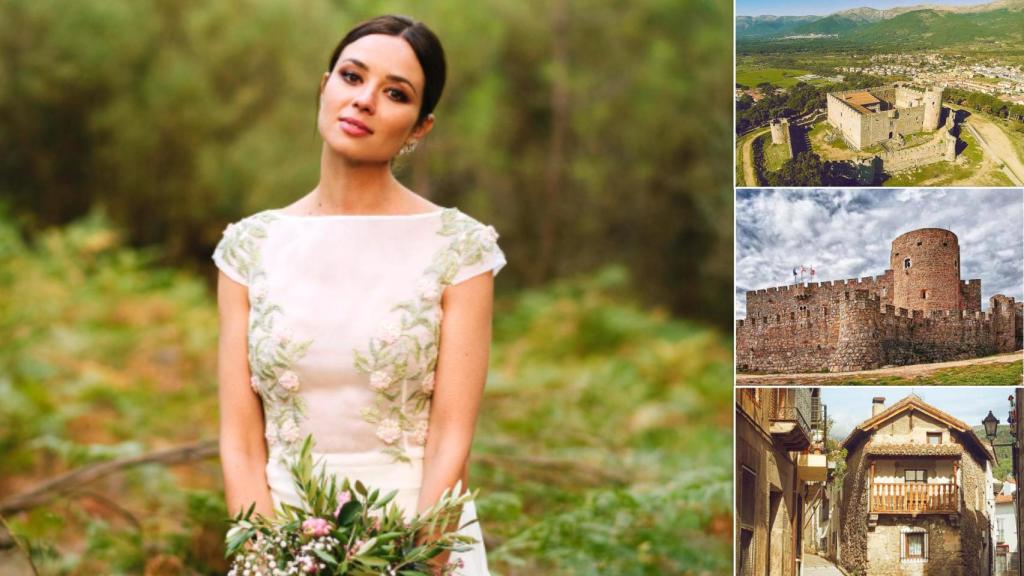 La actriz Dafne Fernández en su boda junto a tres imágenes de La Adrada (Ávila)