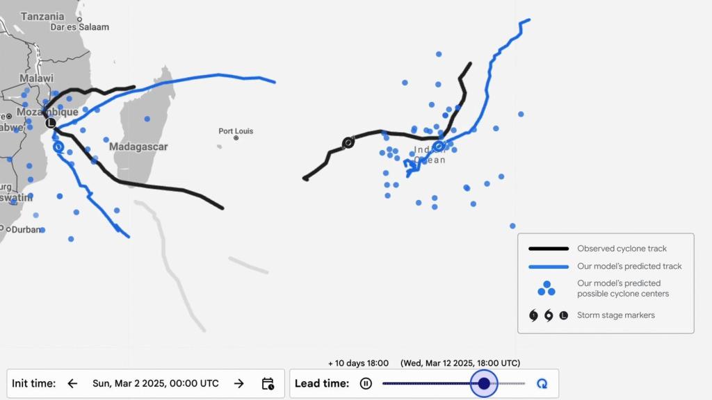 Captura de la animación de Weather Lab con varios modelos de IA.
