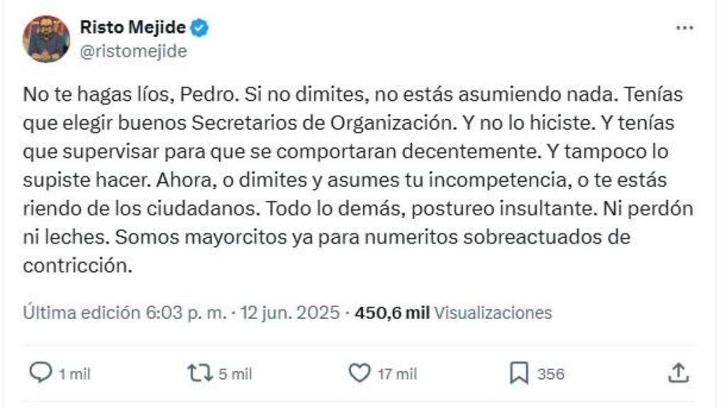 Post de Risto Mejide en X.