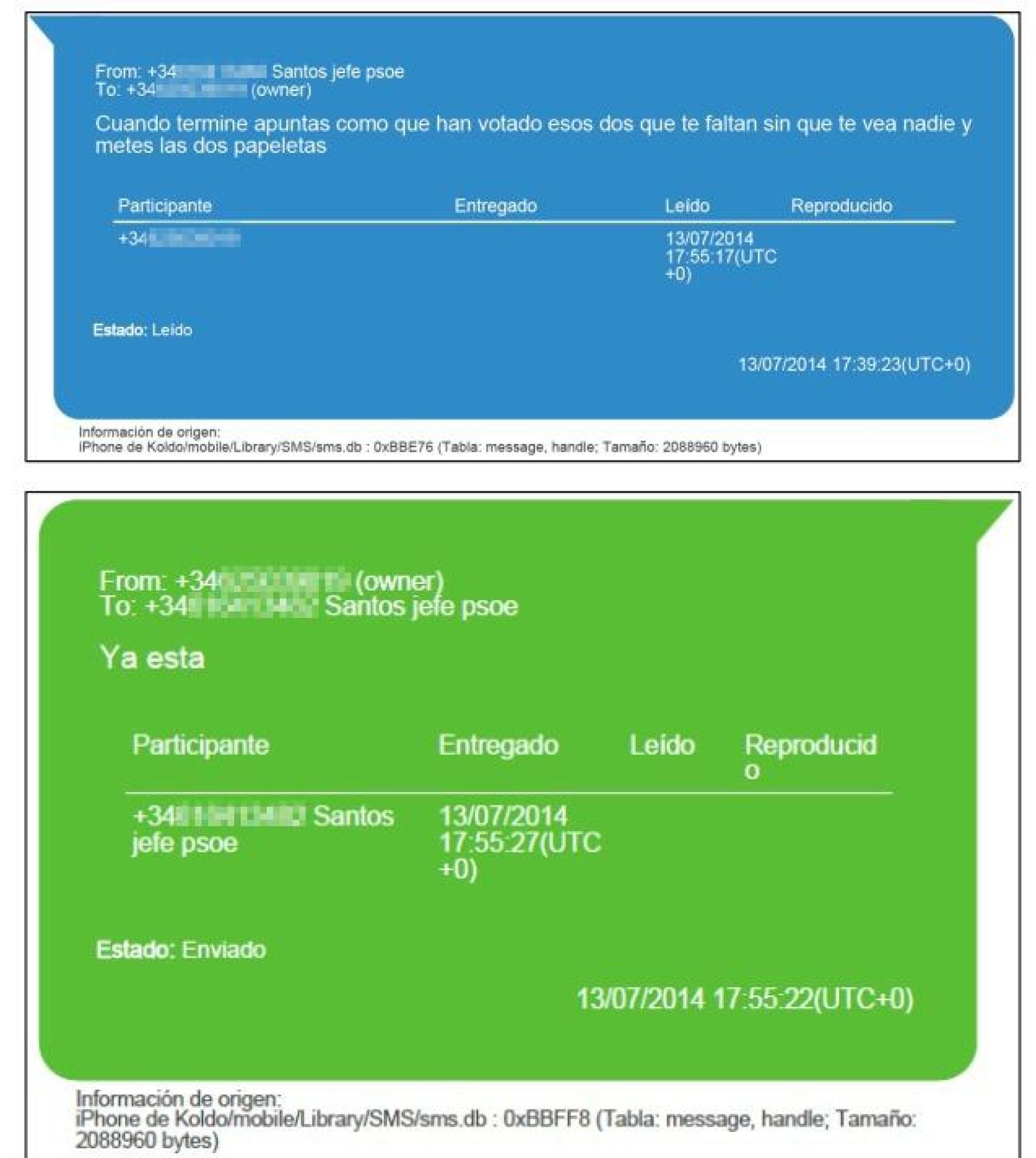 Capturas de mensajes entre Santos Cerdán y Koldo, el 13 de julio de 2014.