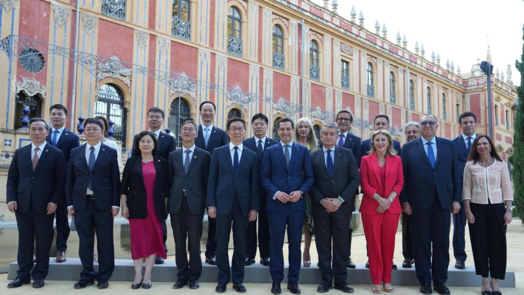 EL vicepresidente de China posa con el Gobierno de Andalucía frente al palacio de San Telmo, en Sevilla.