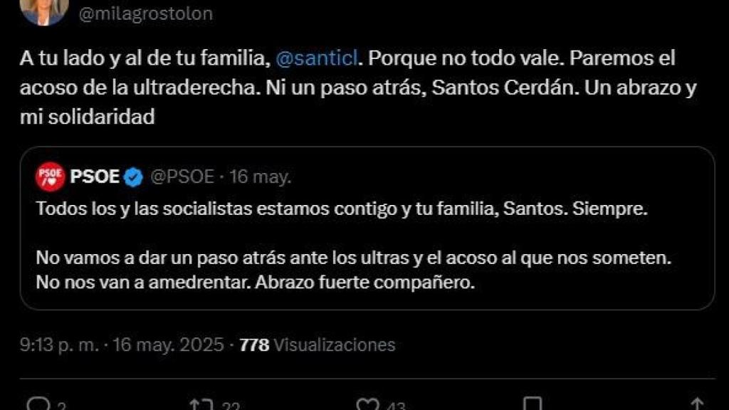 Tuit de apoyo a Cerdán publicado por Tolón el pasado 16 de mayo.