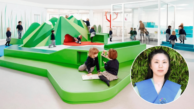 Montaje del colegio zaragozano y Jingy Ye.