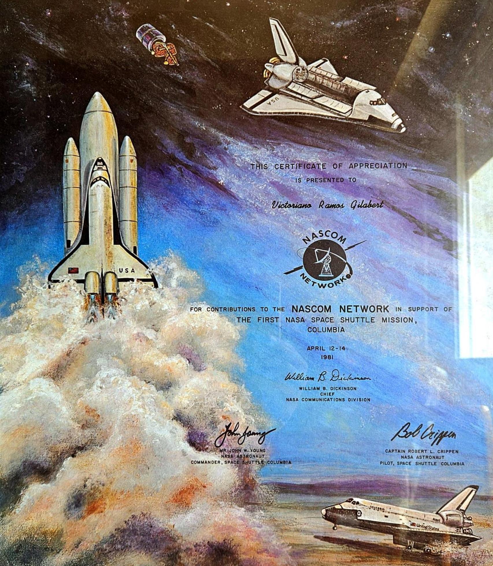 Reconocimiento de la NASCOM a los trabajos de Victoriano Ramos para el transbordador Columbia.