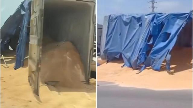 El camión cargado de arena que ha volcado en Ojén (Málaga).