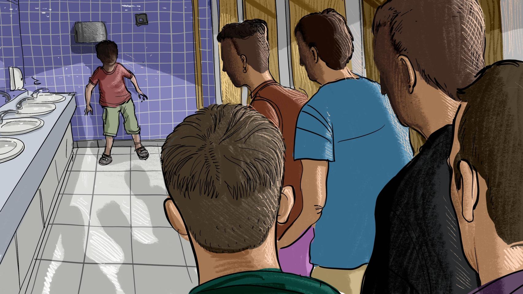 Ilustración de la escena en la que la 'manada de 2º de la Eso' acorraló a la víctima.