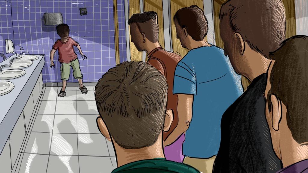 Ilustración de la escena en la que la 'manada de 2º de la Eso' acorraló a la víctima.