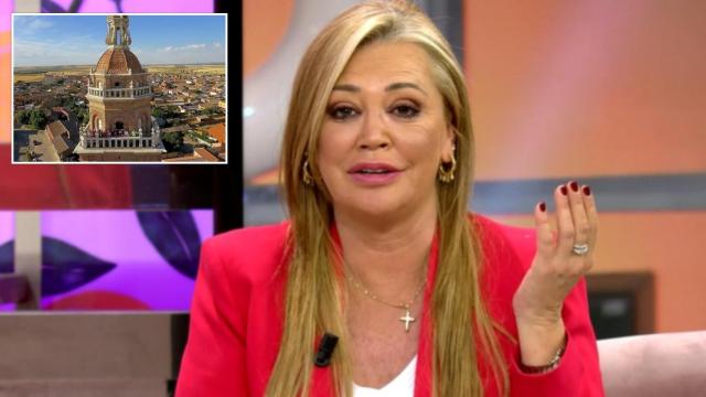 Belén Esteban junto a una imagen de Matapozuelos (Valladolid)