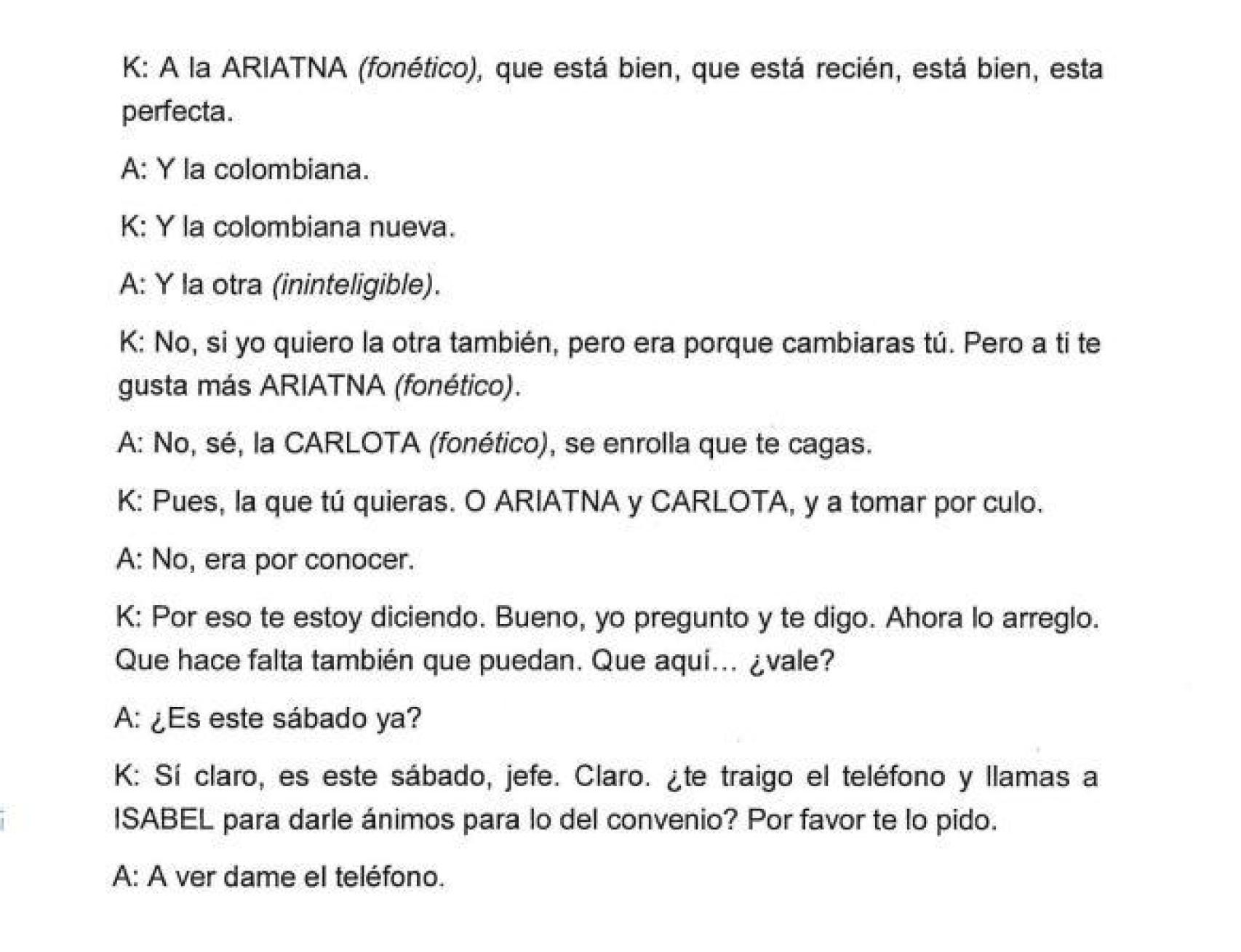 Fragmento de una de las transcripciones realizadas por la UCO del audio de Koldo.