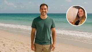 Montaje con un hombre de vacaciones en la playa y Mireia Olivan, experta en el mundo laboral.