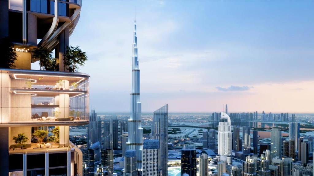 Render del edificio Downtown Residences con el Burj Khalifa de fondo
