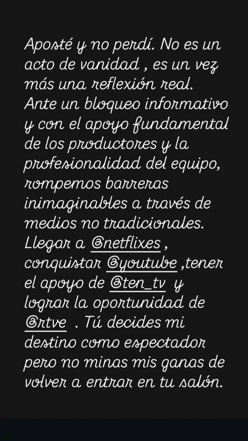 Historia de María Patiño en su cuenta de Instagram.