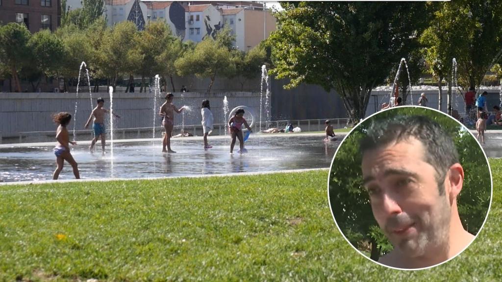 La playa urbana de Madrid Río y un bañista en un fotomontaje.