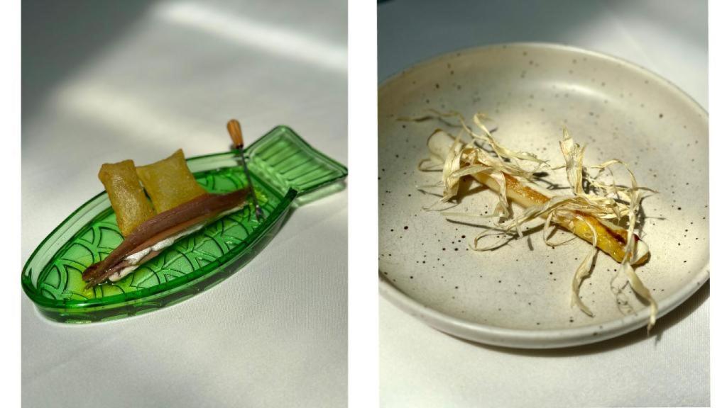 Anchoa y boquerón, y espárrago de temporada a la parrilla con su piel.