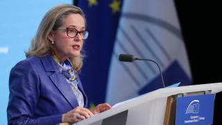 La presidenta del BEI, Nadia Calviño, durante una rueda de prensa