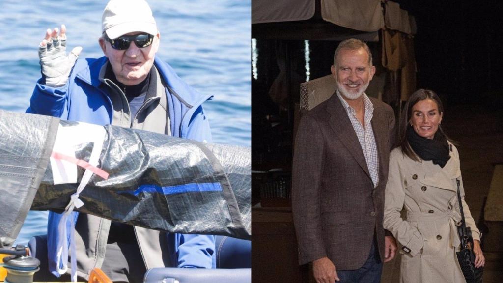 Juan Carlos I durante una regata en Sanxenxo y los Reyes, Felipe VI y Letizia, en una visita a Combarro (Pontevedra)