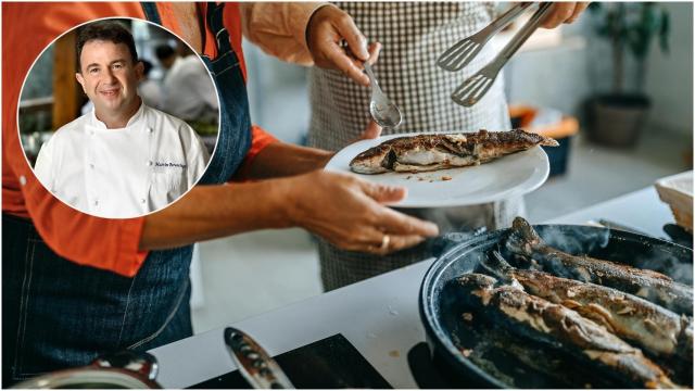 Pareja cocinando pescado junto a Martín Berasategui en un collage.