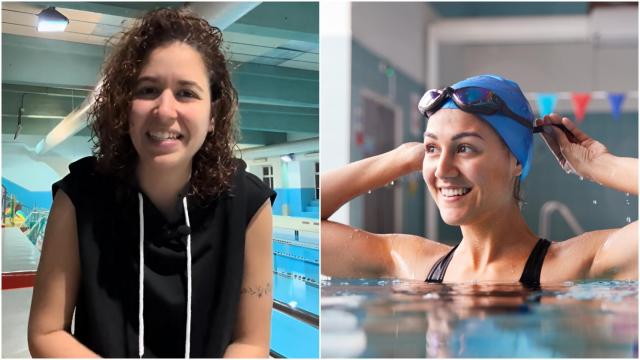 Un montaje de la entrenadora Tere Ortiz junto a una mujer nadando en una piscina.