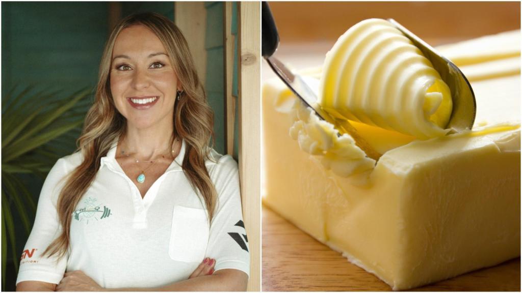 Collage con la nutricionista Paloma Quintana y una pieza de mantequilla