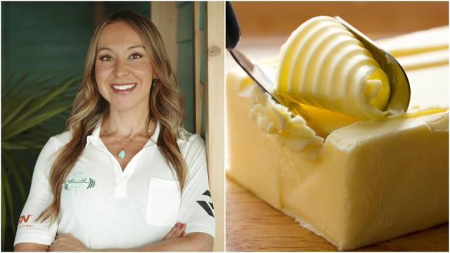 Collage con la nutricionista Paloma Quintana y una pieza de mantequilla