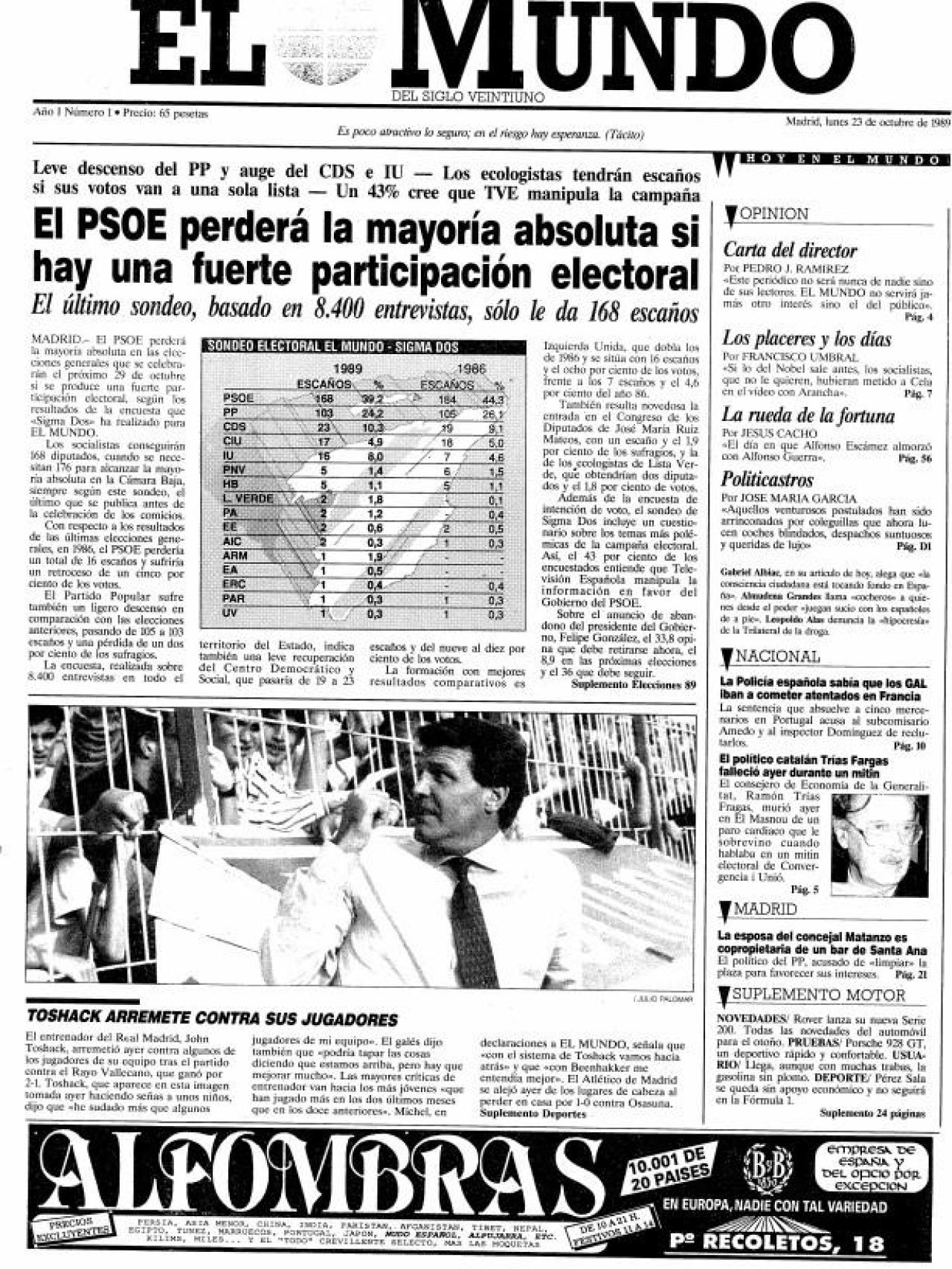 Primera portada del periódico El Mundo.