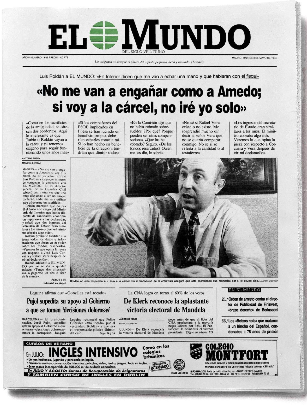 Portada del diario El Mundo el 3 de mayo de 1994.