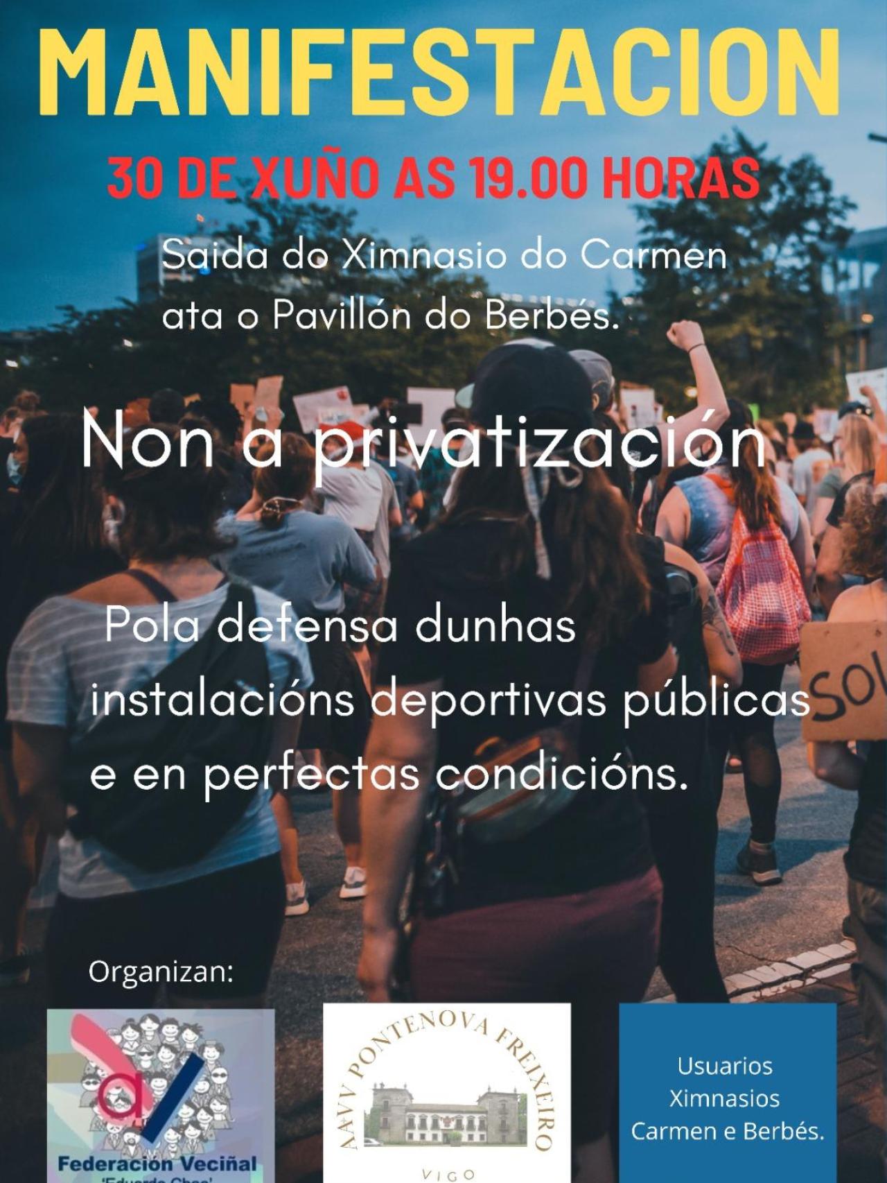 Cartel de la manifestación contra la privatización de los gimnasios municipales de Vigo