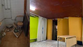 Dos imágenes del IES Juan Sebastián Elcano, a la izquierda, los vestuarios del pabellón, y la derecha, paredes del salón de actos.