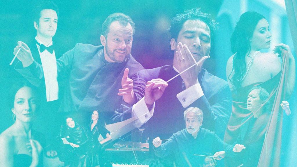 De arriba abajo y de izquierda a derecha: Xabier Anduaga, Andriss Nelson, Andrés Orozco-Estrada, Sonya Yoncheva, Christiane Karg, las hermanas Labèque, Jordi Savall y Myung-Whun Chung. Diseño: Rubén Vique