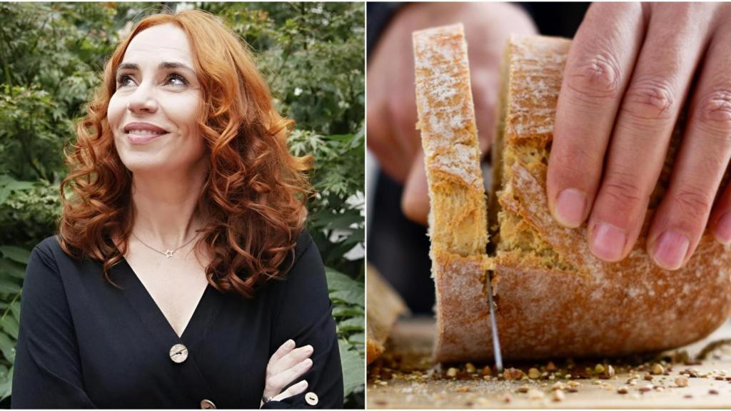 Un collage de Ángela Quintas junto a una imagen de pan.