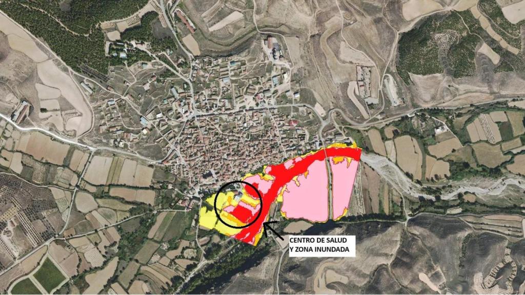 Mapa de la zona inundable en Azuara y ubicación del centro de salud