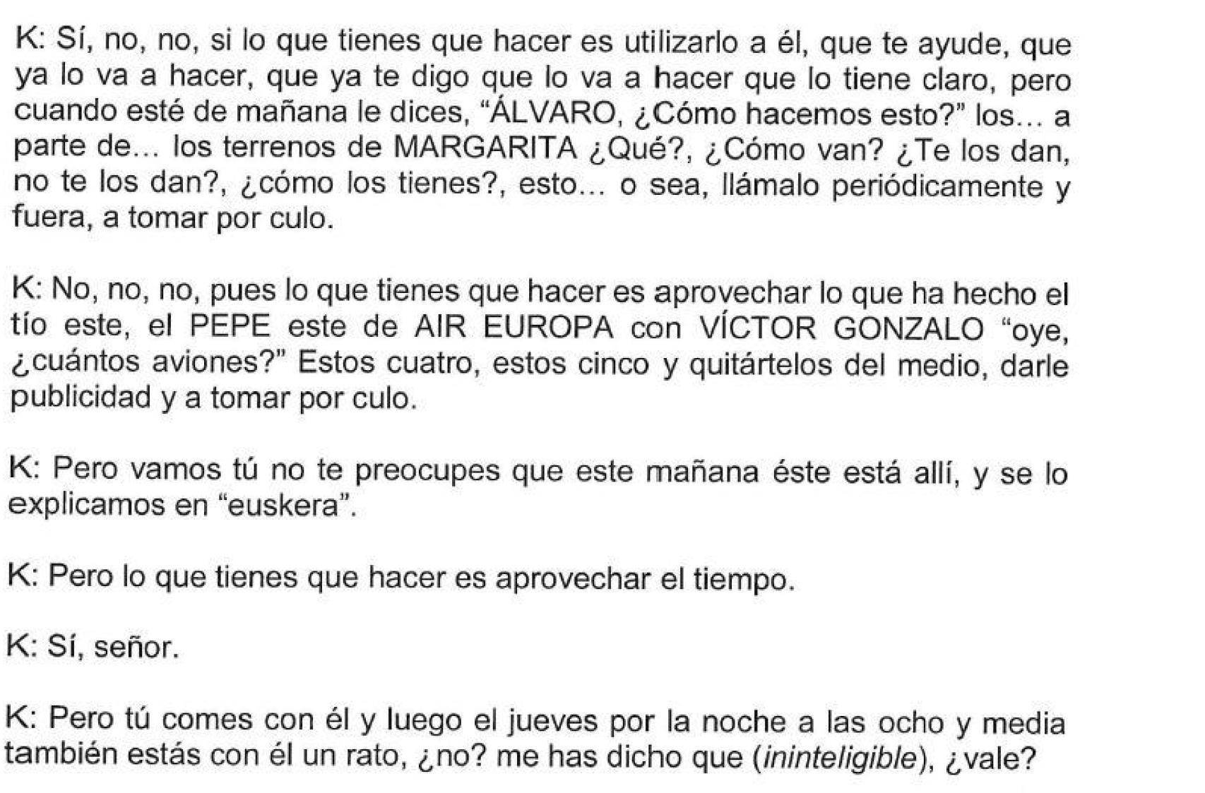 Fragmento del informe en el que Koldo conversa con Ángel Víctor sobre Aldama.