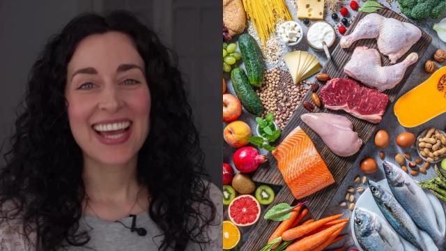 La nutricionista Julia Farré y varios alimentos en un montaje.