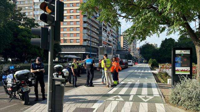 Operarios y agentes de la Policía Municipal de Valladolid comienzan a coordinarse en el inicio del desmantelamiento del carril bici que va por la calzada en el Paseo de Isabel la Católica