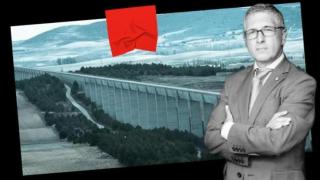 El secretario de Estado de Medio Ambiente, Hugo Morán, sobre una imagen del trasvase Tajo-Segura.