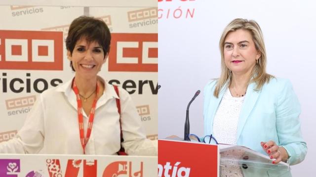 La secretaria general de CC OO Región de Murcia, Teresa Fuentes (i), y la portavoz del Grupo Parlamentario Socialista en la Asamblea Regional, Carmina Fernández (d).