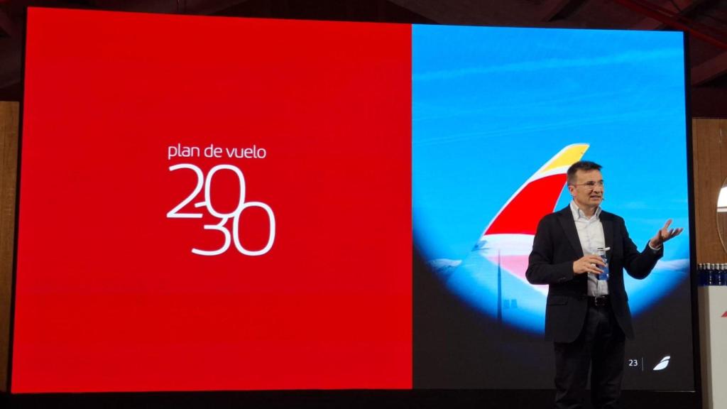El presidente de Iberia, Marco Sansavini, durante la presentación del Plan de Vuelo 2030 de Iberia.
