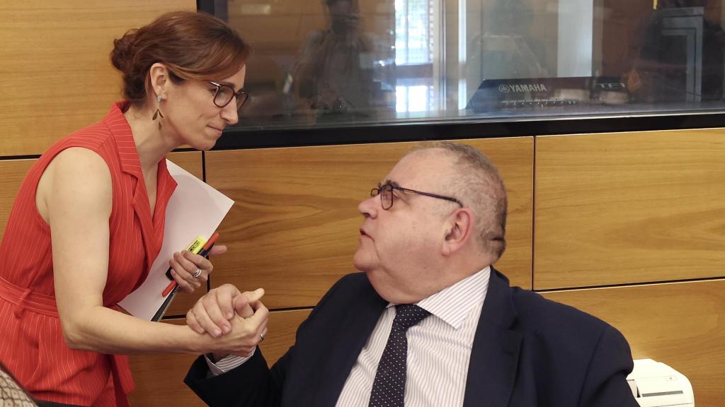 La ministra de Sanidad, Mónica García, saluda al consejero del ramo de la Junta de Castilla y León, Alejandro Vázquez, durante el pleno del Consejo Interterritorial de Salud de este miércoles