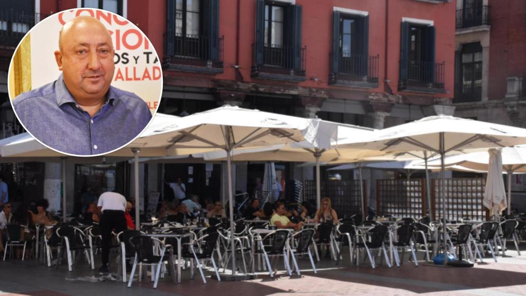 La Plaza Mayor de Valladolid junto a una imagen de Jaime Fernández, hostelero y presidente de la Asociación Provincial de Empresarios de Hostelería de Valladolid (APEHVA)